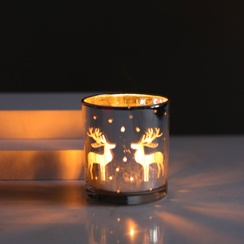Glass Candle Holder with Reindeer Pattern - Christmas Home Decor & Gift - Cavira