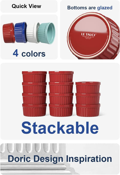 Versatile 4 OZ True Red Ramekins Set of 6 - Oven Safe Creme Brulee, Pudding, Souffle & Dipping Sauce Dishes