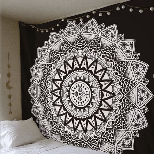 Bohemian Mandala floral wall hanging tapestry by Cavira, square polyester wall decor for bedroom or living room in tribe style.