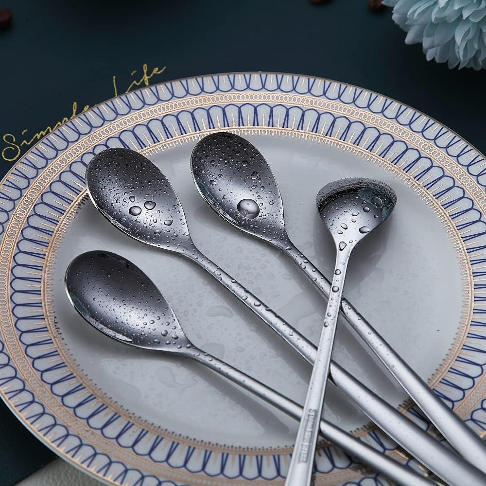 Premium Long Handle Stainless Steel Coffee and Cocktail Stirrer Set - 6 Elegant Spoons for Ice Tea, Cream, and More (Silver)