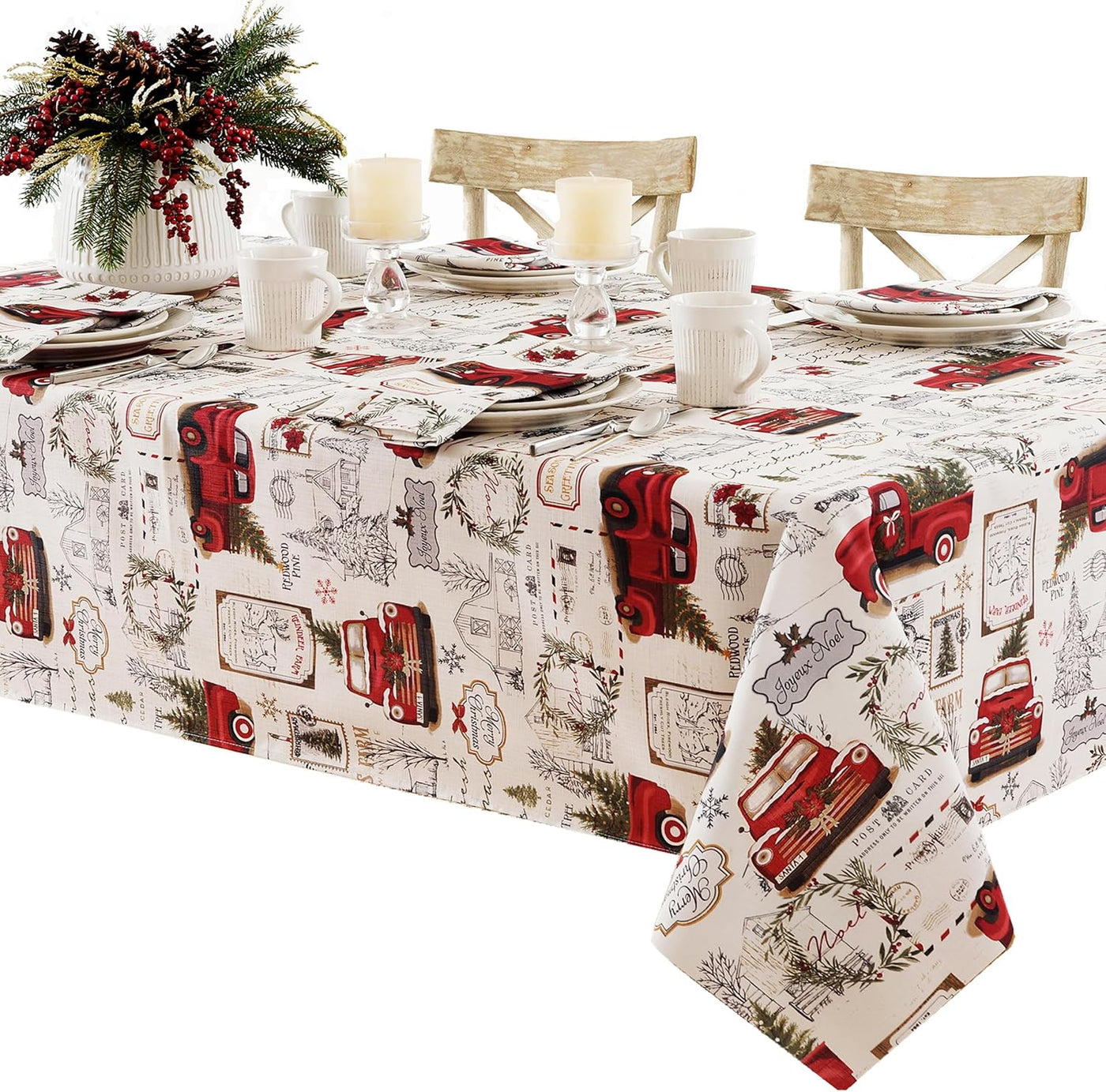 Nostalgic Christmas Pine Hill Tree Farm Tablecloth - 52"x70" No Iron, Stain Resistant Fabric Cover for Holiday Parties and Buffets