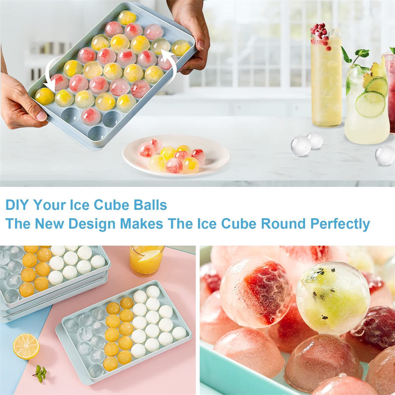 Blue and pink 33-grid round ice cube tray with lid by Cavira, creates 33 odor-free ice balls for cocktails, cold brew, and daily use.