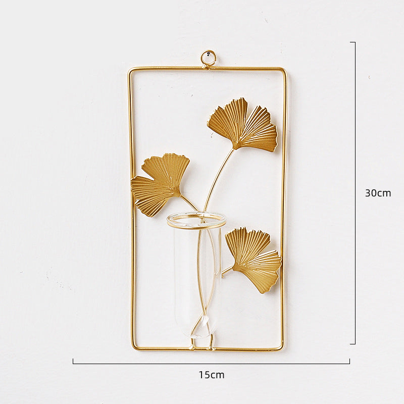 Golden iron wall-mounted hydroponic vase by Cavira, Scandinavian glass bud vase hanging for living room, bedroom, home decor.