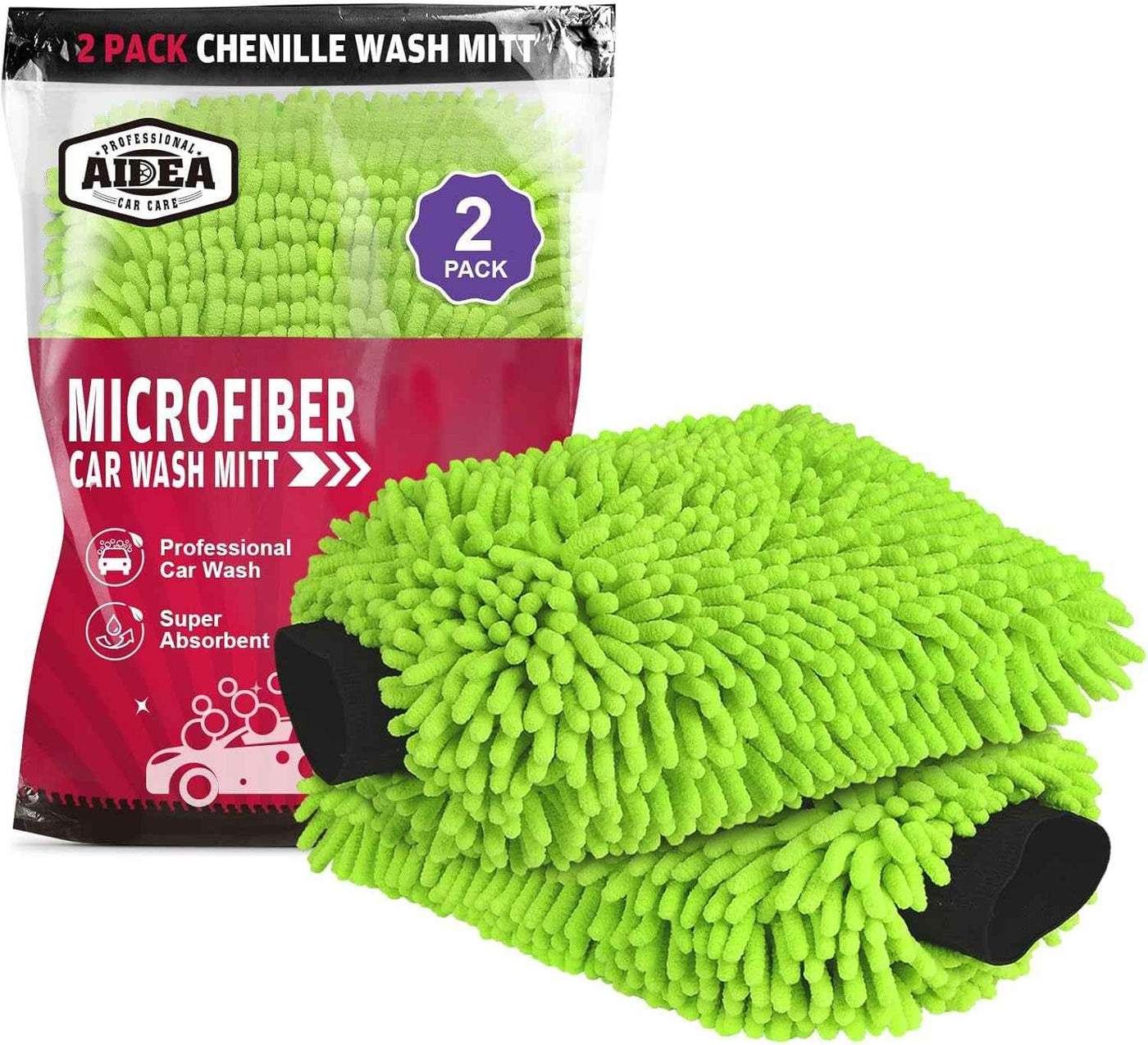 Car Wash Mitt Microfiber 2PK - Scratch Free and Lint-Free Chenille Mitts, Regular Size 7.12''X10.14'' in Green - GG store