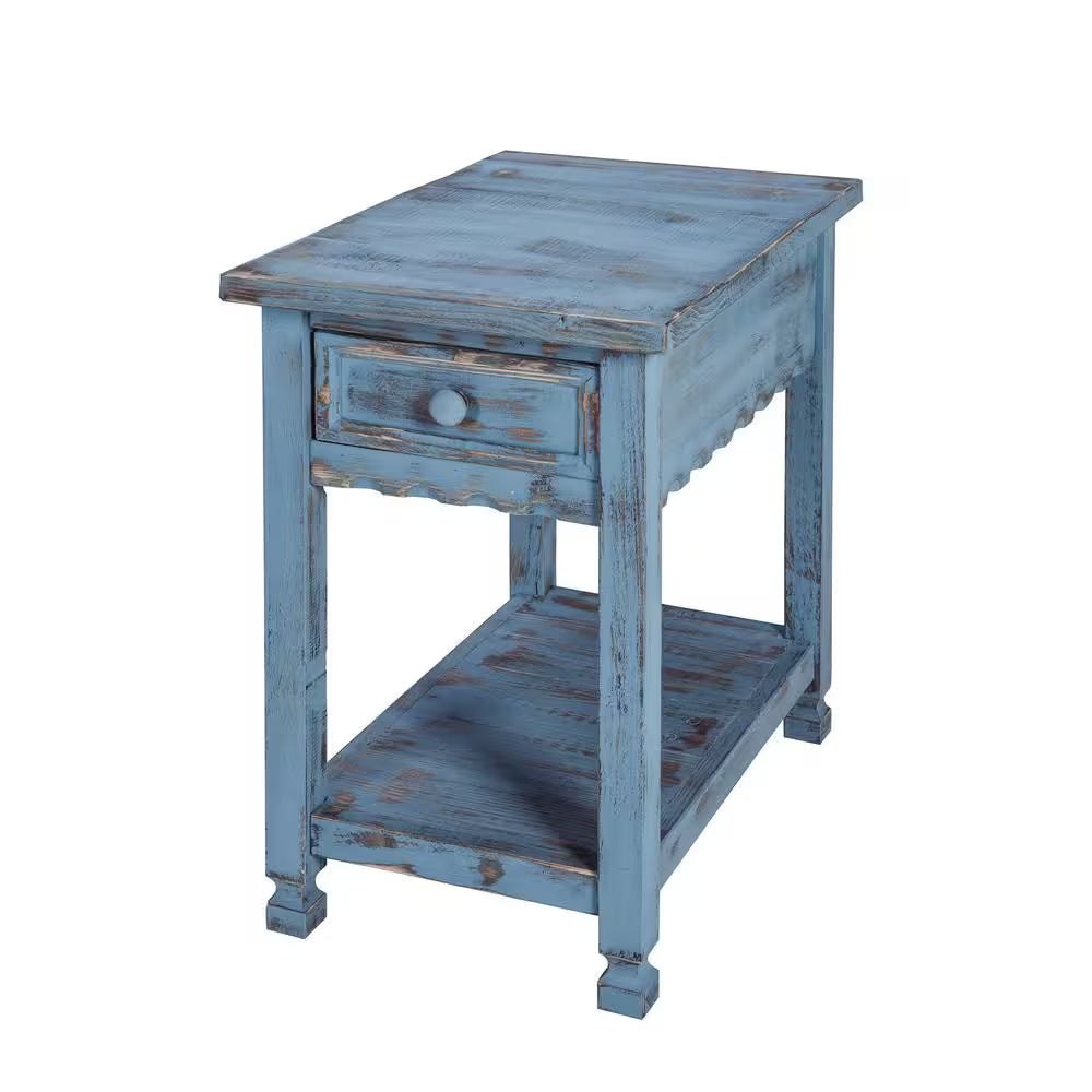 Antique Blue Farmhouse Wood End Table with Drawer – Rustic Rectangular Bedside Side Table