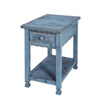 Antique Blue Farmhouse Wood End Table with Drawer – Rustic Rectangular Bedside Side Table