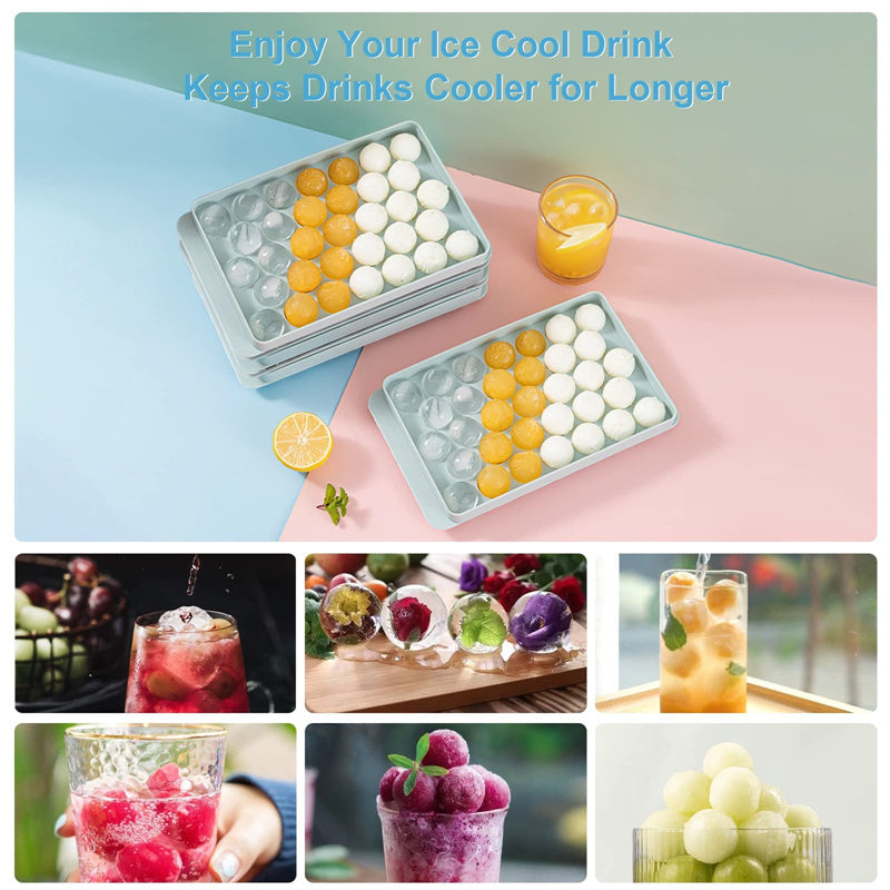 Blue and pink 33-grid round ice cube tray with lid by Cavira, stackable mold for making 33 round ice balls for cocktails and cold drinks.