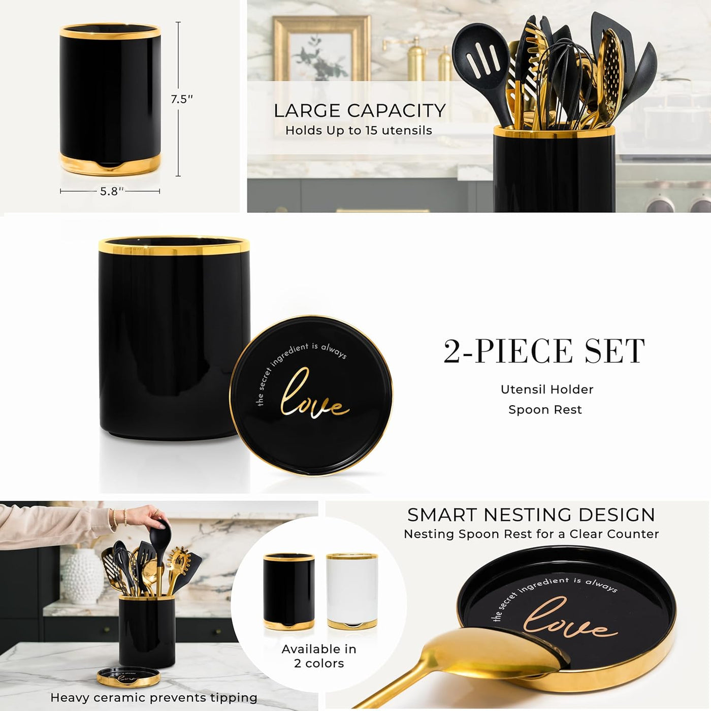 Elegant Black and Gold Ceramic Utensil Holder Set with Built-In Spoon Rest - Luxury Kitchen Accessory - Ideal for Organizing Your Cooking Utensils