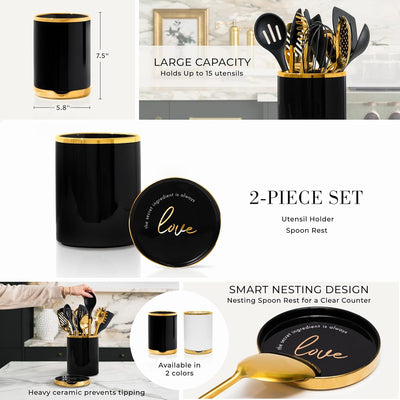 Elegant Black and Gold Ceramic Utensil Holder Set with Built-In Spoon Rest - Luxury Kitchen Accessory - Ideal for Organizing Your Cooking Utensils