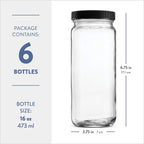 Reusable Glass Water Bottles with Airtight Lids – 16oz Travel Drinking Bottles (6 Pack)