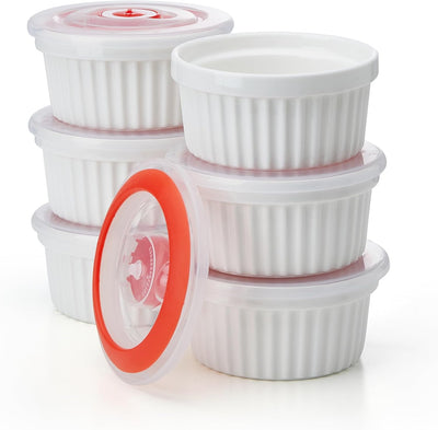 Versatile 6-Pack White Porcelain Ramekins with Lids – Perfect for Baking Soufflés, Crème Brûlée, and Storing Desserts!