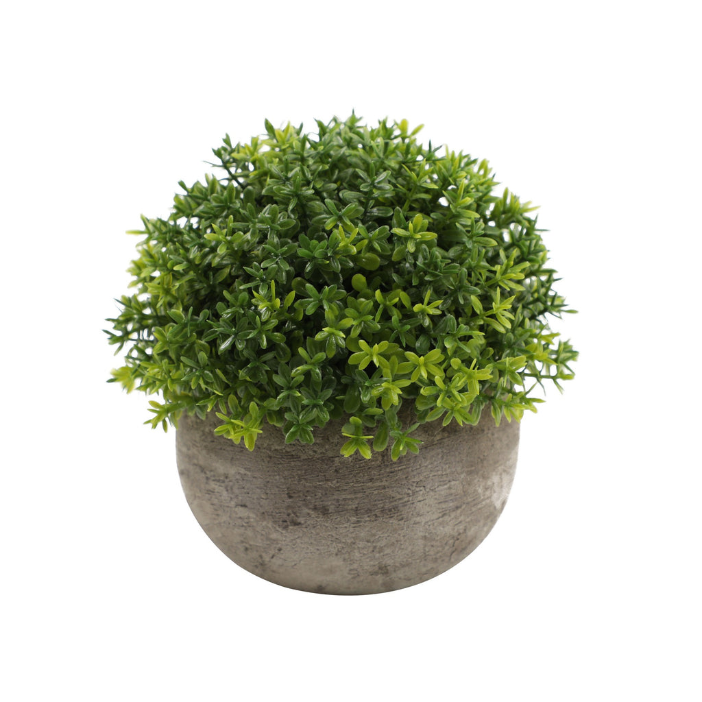 Artificial bonsai desktop plant in a semi-round pulp pot with faux grass and botanical arrangement, perfect for home or office décor.
