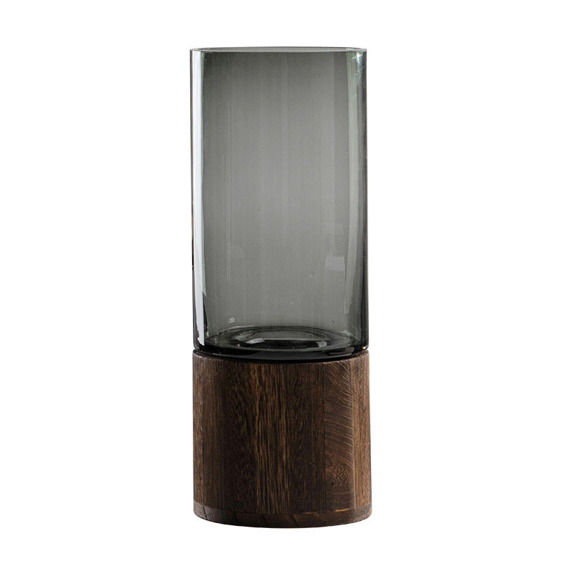 Rustic wooden glass vase with smoke grey finish by Cavira, ideal for floral arrangements in living or dining room decor.