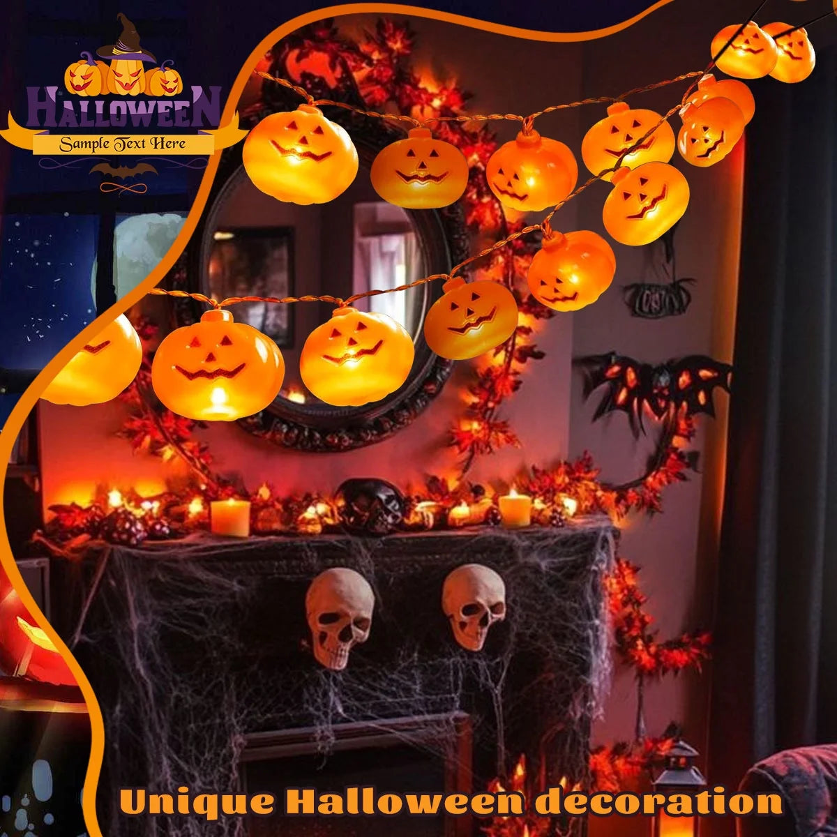 Enchanting 40 LED Pumpkin String Lights - 19.7 FT Waterproof 3D Jack-O-Lanterns for Spooky Indoor & Outdoor Halloween Decor