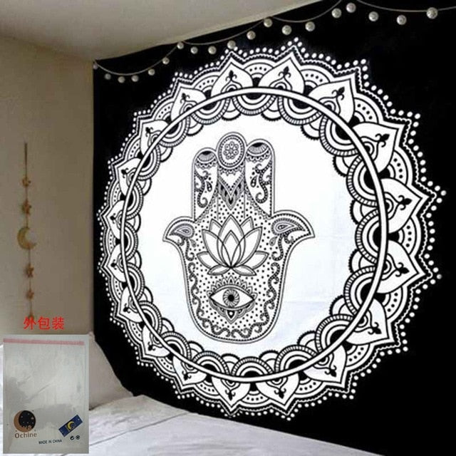 Colorful Mandala Boho tapestry wall hanging by Cavira, psychedelic beach-themed throw for bedroom, living room, or outdoor decor.