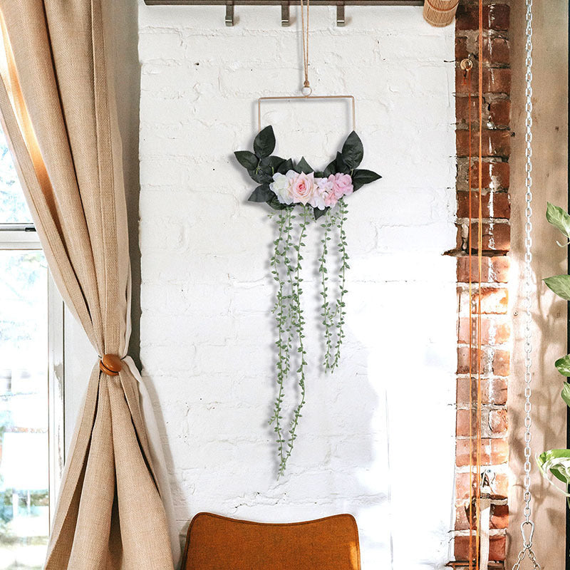 Faux green vine wall hanging decoration with iron ring, boho style for living room, bedroom, or study décor by Cavira.