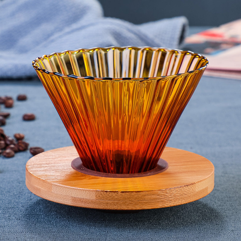 Colorful glass pour-over coffee dripper and cloud pot set with wooden tray, minimalist Japanese coffee accessory by Cavira.