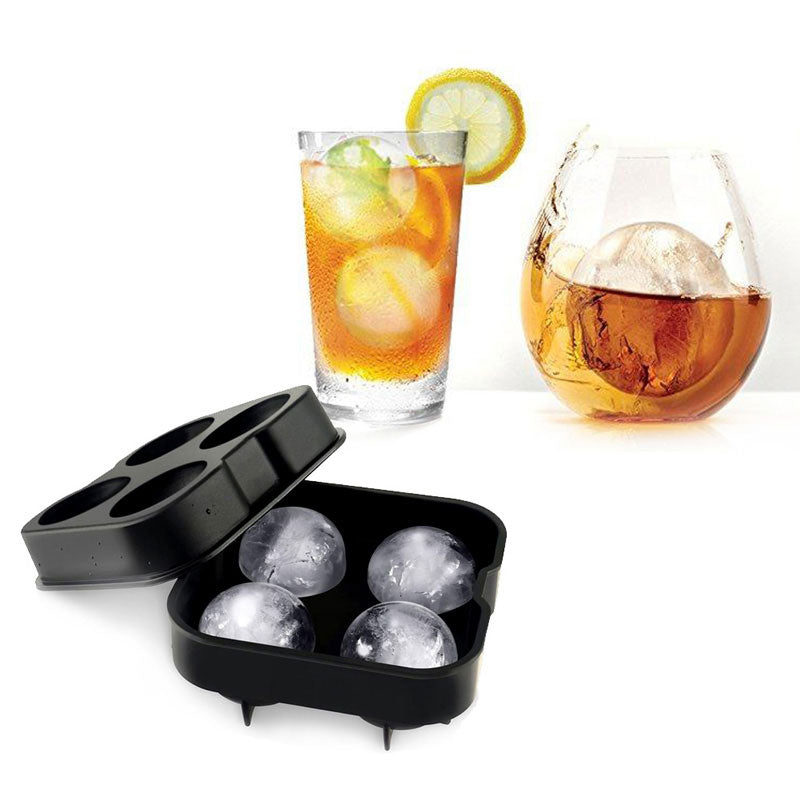 Cavira 4-cavity silicone ice ball mold with four large 4.5cm ice spheres, leak-proof tray for whiskey and cocktails.