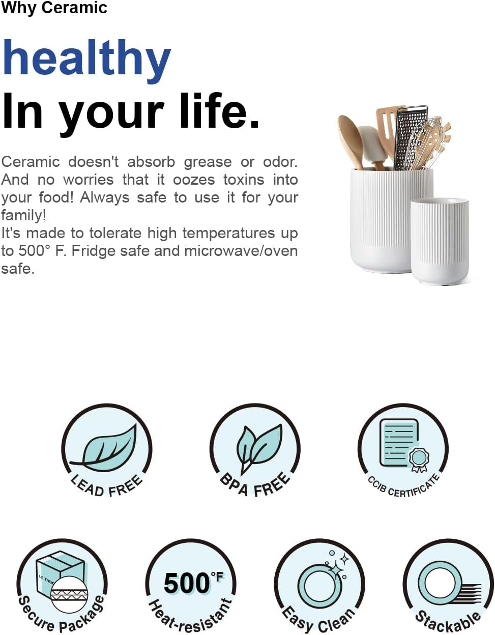 Stylish Ceramic Utensil Holder Set - 7.3" & 5.4" Kitchen Organizers for Spatula and Cooking Tools - Modern Countertop Decor in Elegant White