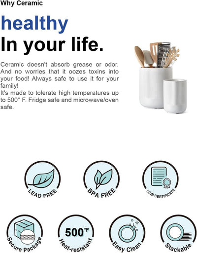 Stylish Ceramic Utensil Holder Set - 7.3" & 5.4" Kitchen Organizers for Spatula and Cooking Tools - Modern Countertop Decor in Elegant White