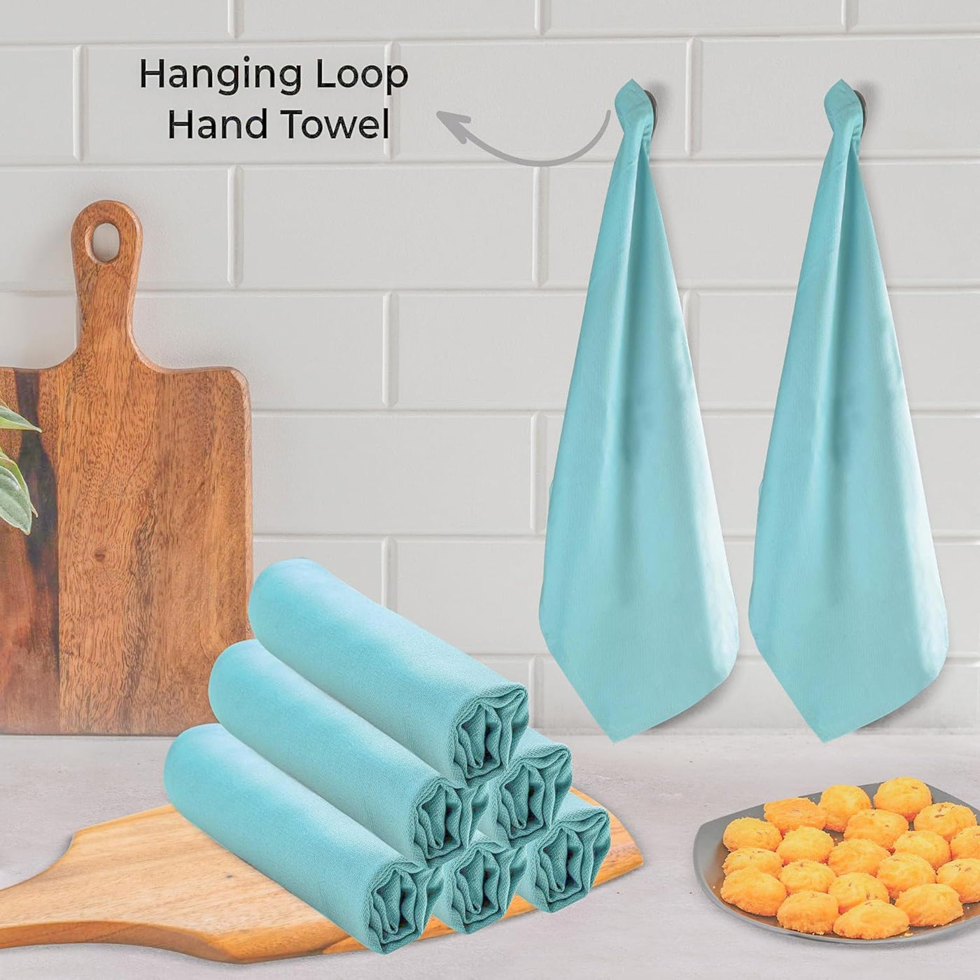 Premium Aqua 100% Cotton Dish Towels - Extra Absorbent Kitchen Cloths (Set of 6, 20x30 Inches) with Convenient Hanging Loop for Multi-Purpose Cleaning