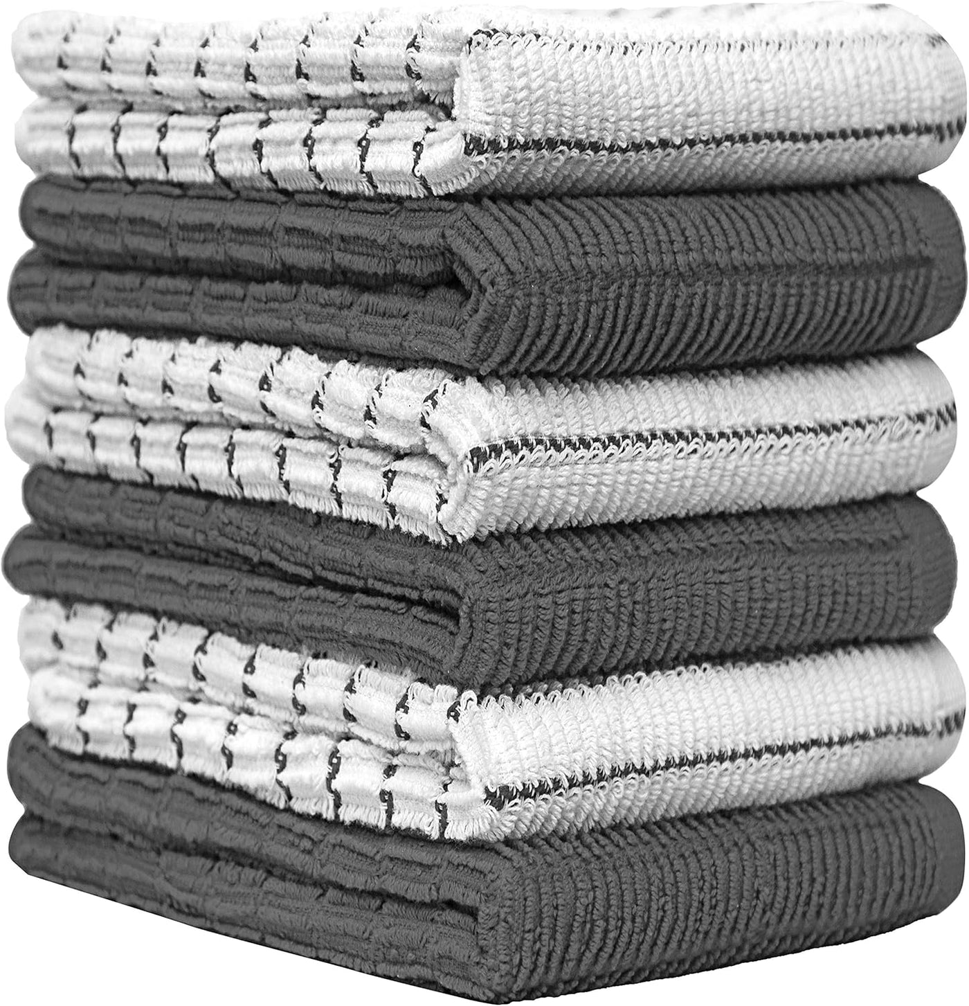 Premium Pack of 6 Extra Absorbent Grey Kitchen Towels - Striped Chef Weave, Large 380 GSM Dish Drying Towels