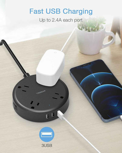 Cruise Power Strip with USB - 4 Wide Spaced Outlets, 3 USB Ports, Flat Plug 4.5Ft Extension Cord - Essential Travel and Dorm Charging Station in Black - GG store