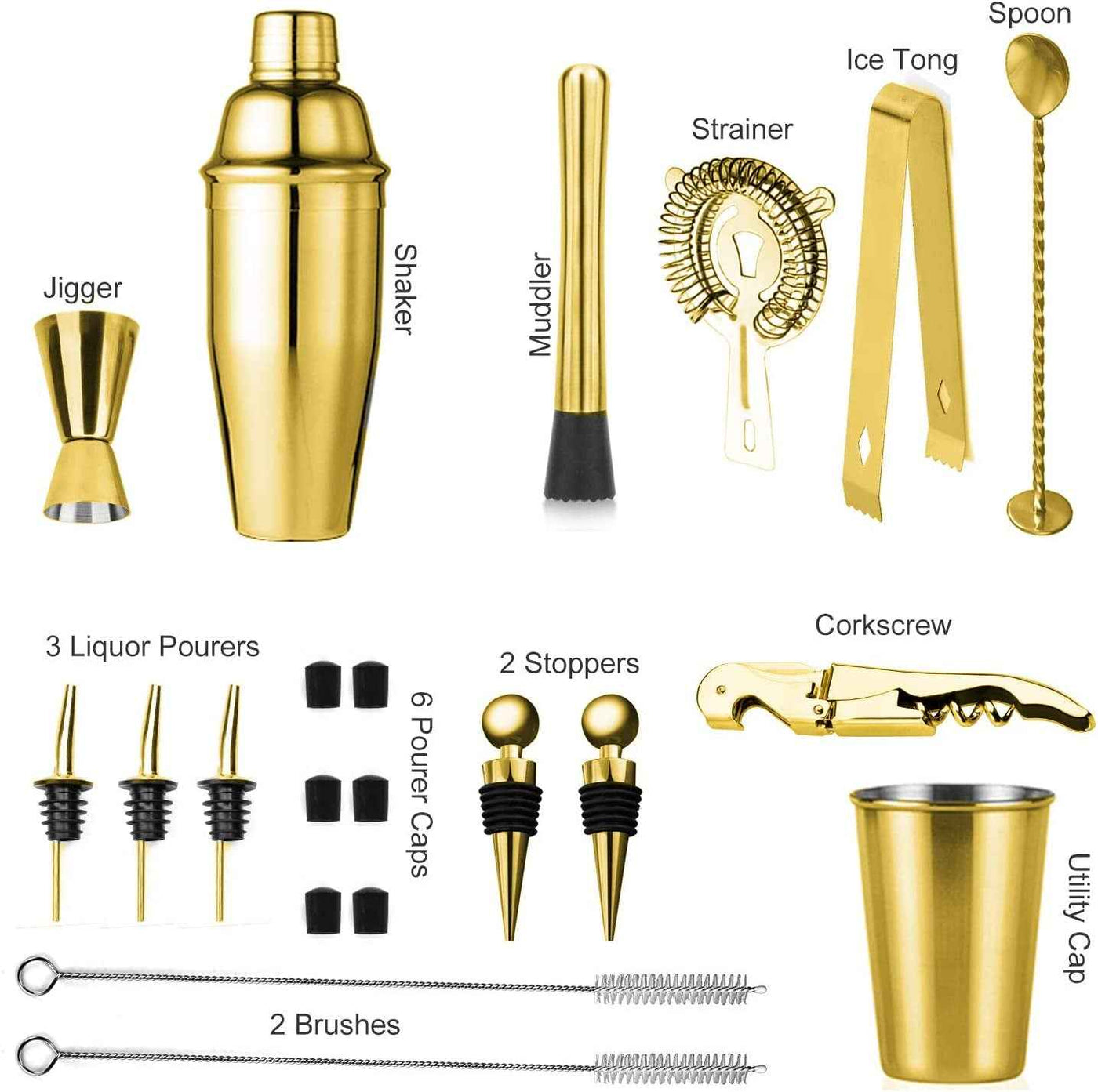 Gold Cocktail Shaker Set - 24-Piece Home Bartending Kit with Stainless Steel Bar Tools, Stand, Velvet Carry Bag & Recipes Included - GG store