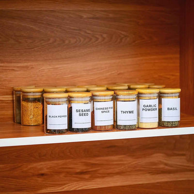 Glass Spice Jars Set of 20 - Mini 3.2Oz Airtight Containers with Bamboo Lids and Preprinted Labels for Pantry Storage - GG store