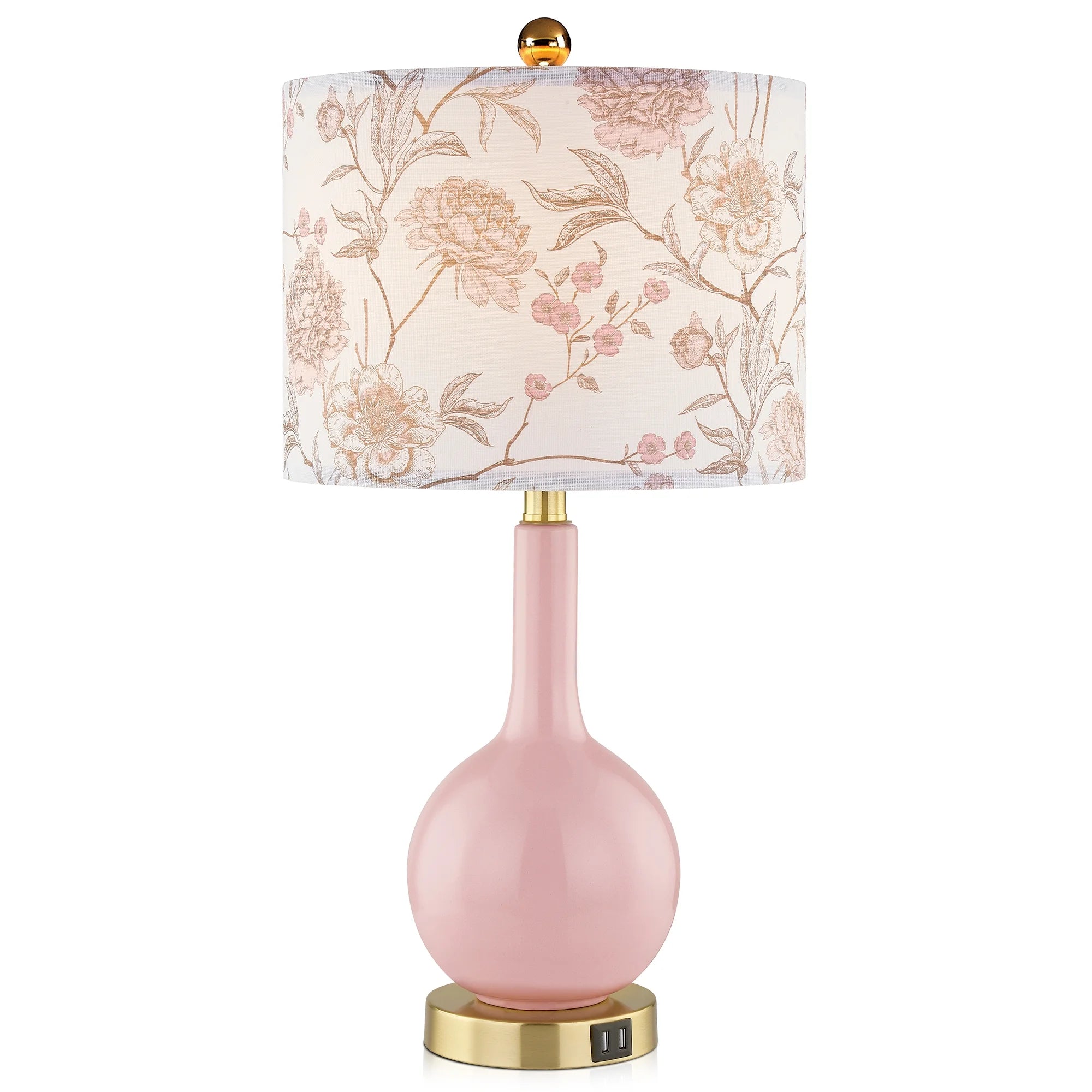 Pink Ceramic Table Lamp with USB Ports – 3-Way Dimmable Touch Bedside Lamp with Floral Shade