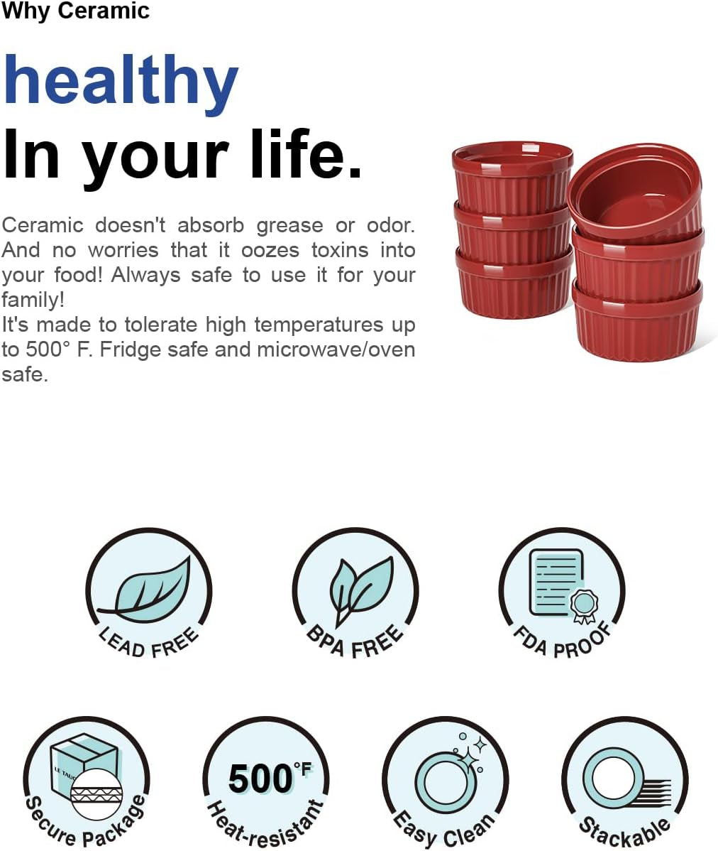 Versatile 4 OZ True Red Ramekins Set of 6 - Oven Safe Creme Brulee, Pudding, Souffle & Dipping Sauce Dishes