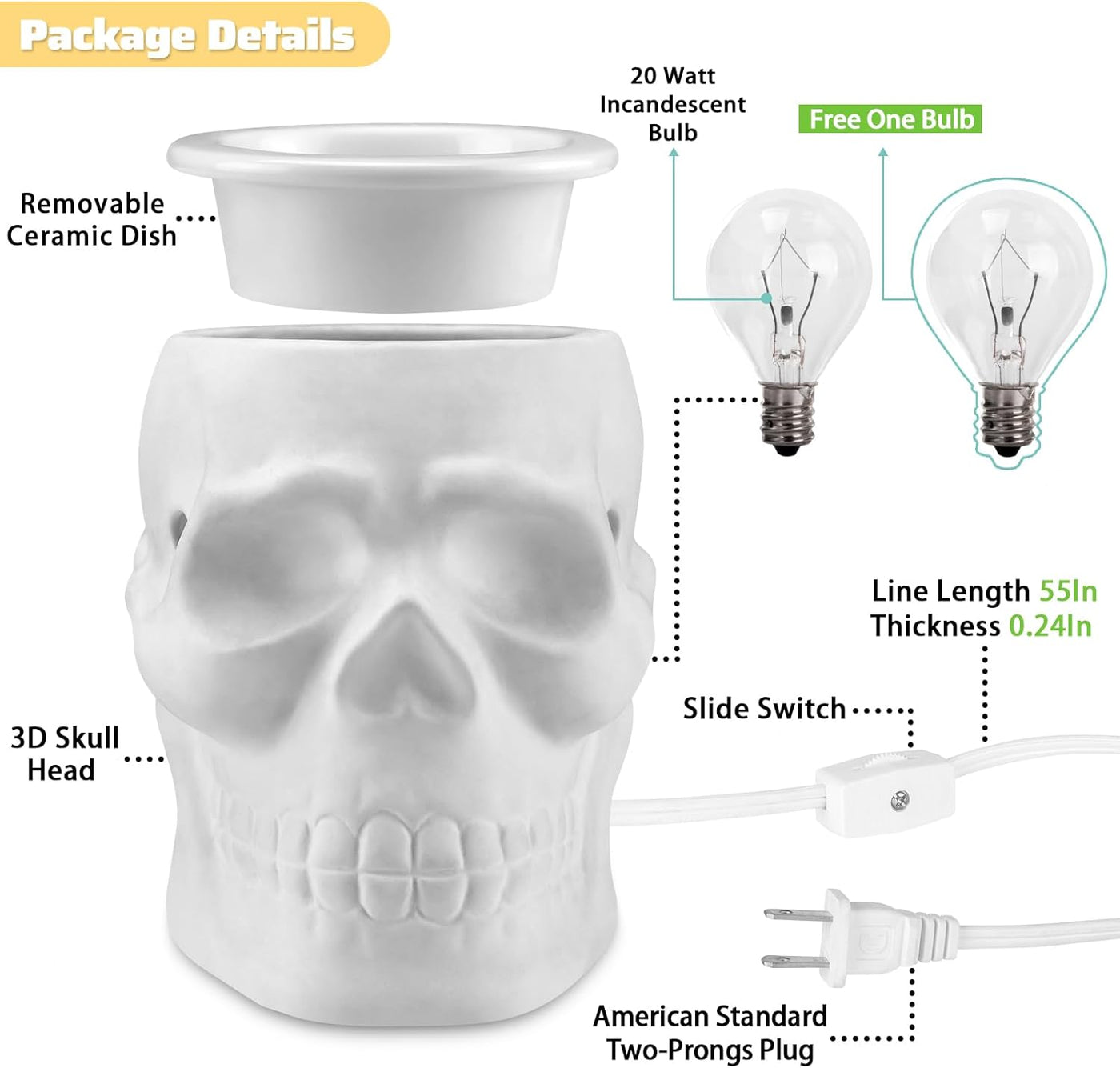 Spooky Ceramic Skull Wax Melt Warmer - Electric Scentsy Melter for Fragrant Wax Cubes