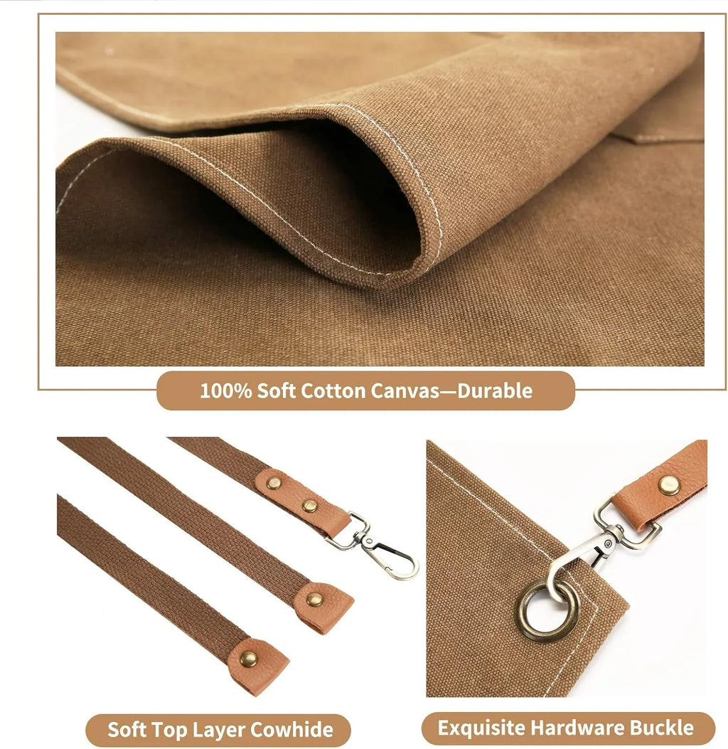 Cross Back Canvas Chef Apron – Adjustable Cotton Cooking, BBQ & Kitchen Work Apron with Pockets for Men & Women