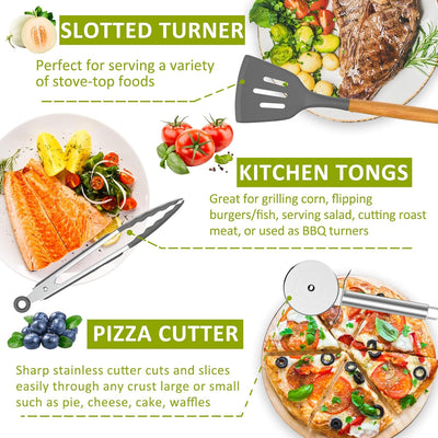 Premium 35-Piece Silicone Cooking Utensil Set - Non-Stick, Heat Resistant Kitchen Tools with Natural Wooden Handles - Stylish Gray Design