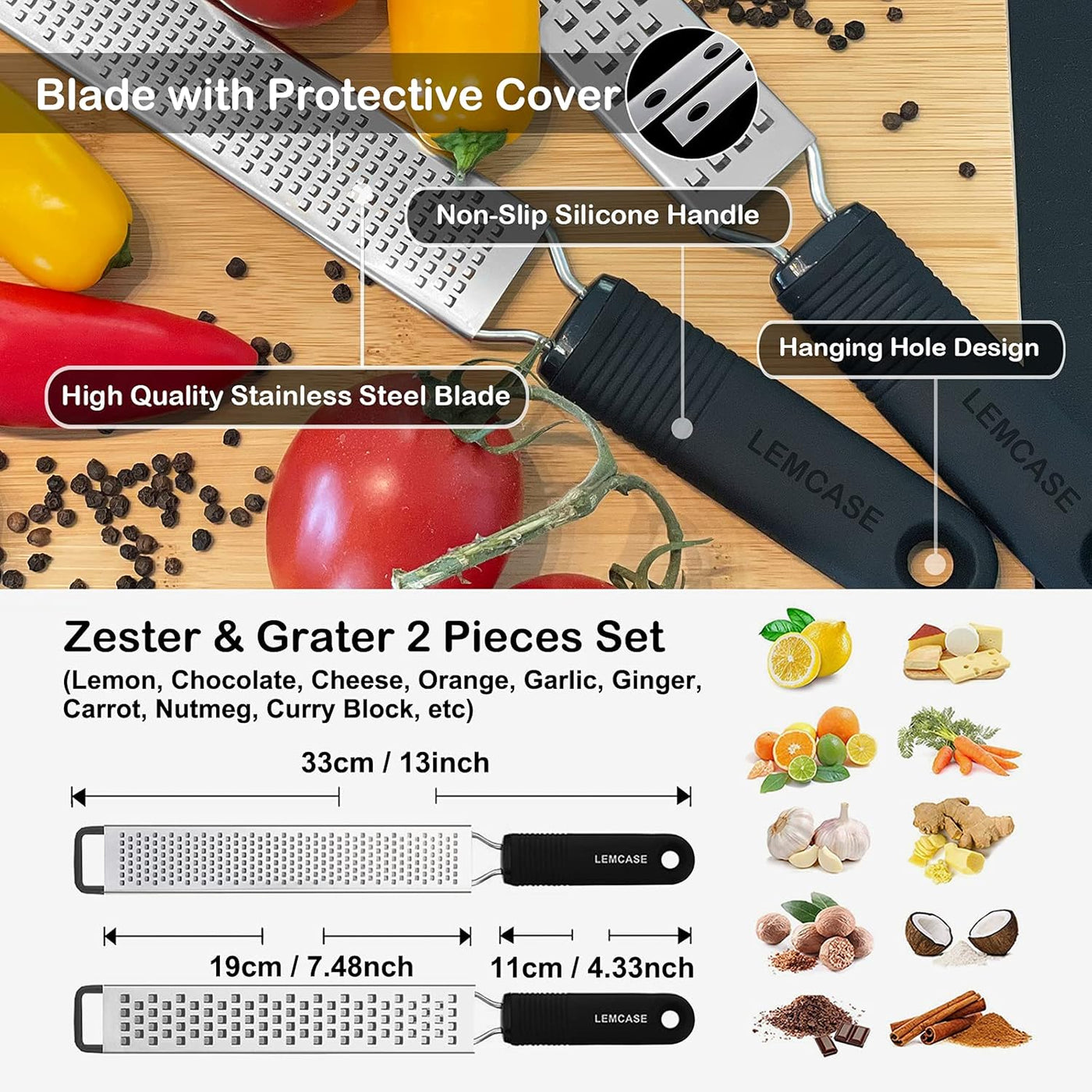 Ultimate Lemon Zester & Cheese Grater Set - Versatile Kitchen Tool for Citrus, Parmesan, Chocolate & More - Ergonomic Silicone Handle & Durable Stainless Steel Blades - Red (2 Piece Set)