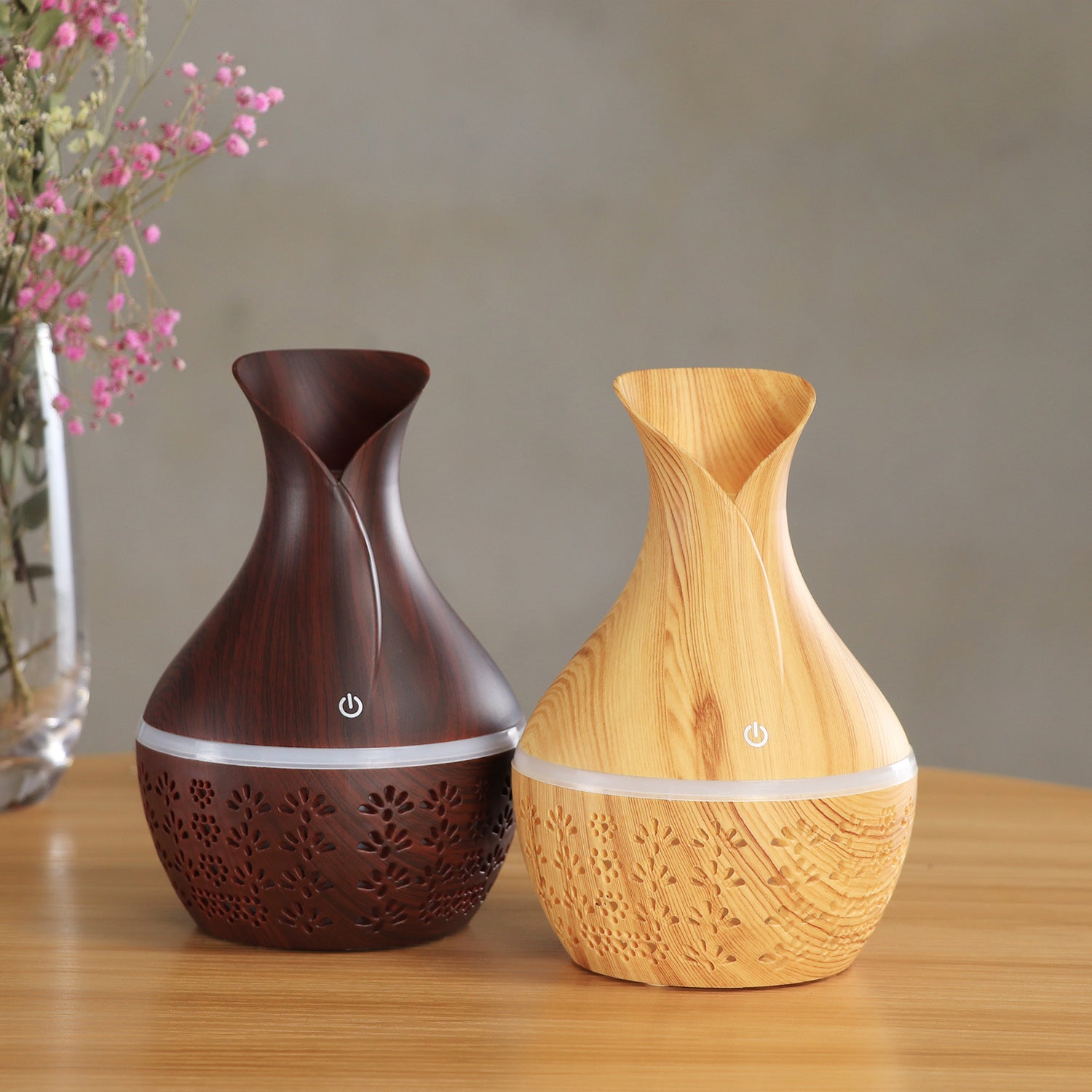 Portable Cavira USB wood grain ultrasonic humidifier with mist outlet, compact design, ideal for bedroom, study, or office use.