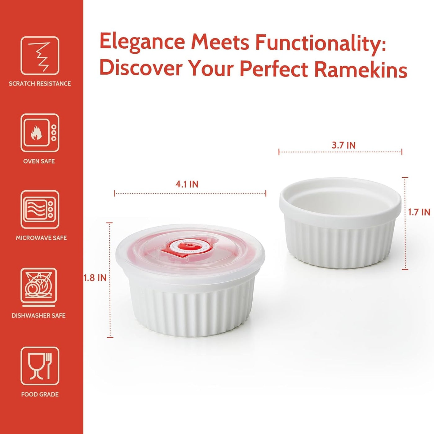 Versatile 6-Pack White Porcelain Ramekins with Lids – Perfect for Baking Soufflés, Crème Brûlée, and Storing Desserts!