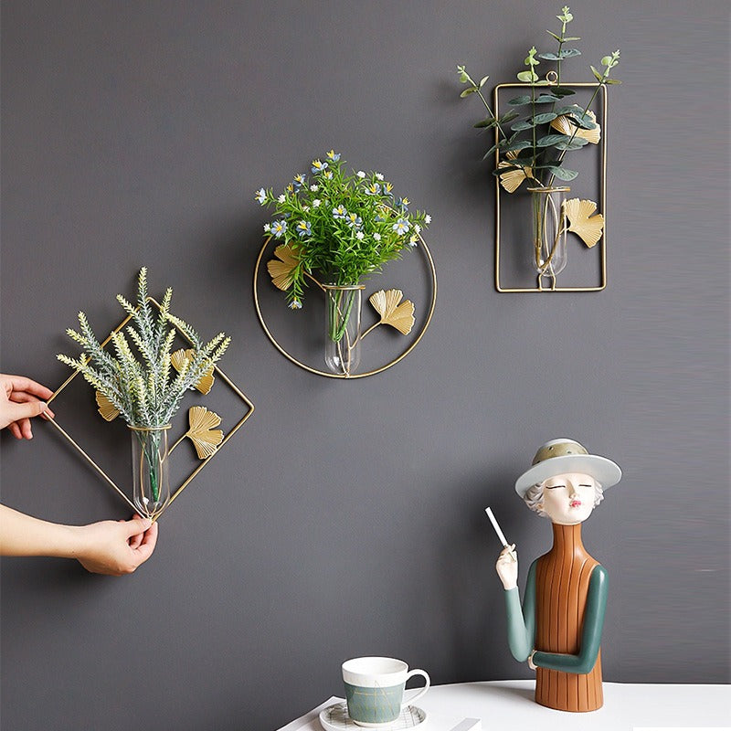 Golden iron wall-mounted hydroponic vase by Cavira, Scandinavian glass bud vase for living room, bedroom, and home decor.