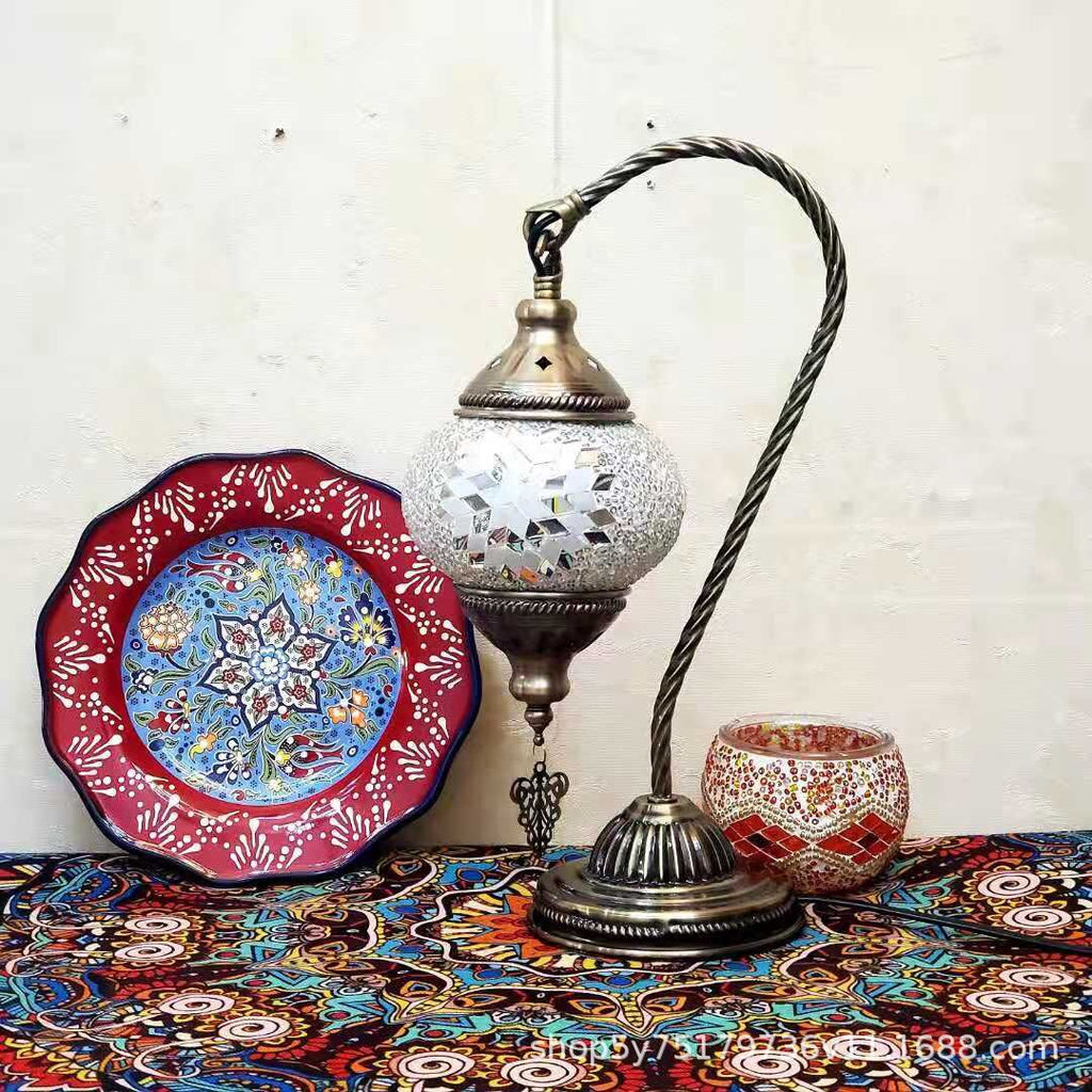 Moroccan mosaic glass table lamp by Cavira with stained glass design, bronze iron base, E27 socket, 22cm x 38cm, decorative lighting