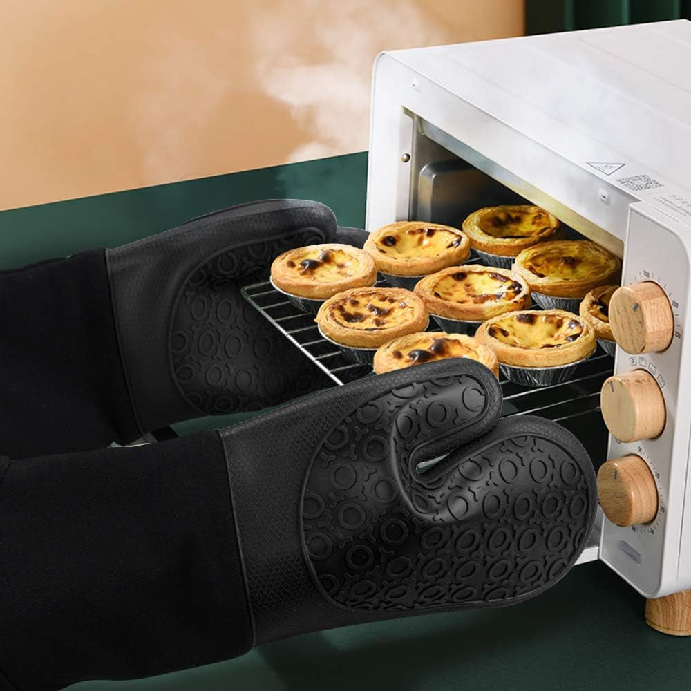 Ultimate Heat Resistant Extra Long Silicone Oven Mitts - 14.6 Inch Non-Slip Grip for BBQ, Baking, Cooking & Grilling - 1 Pair in Stylish Black