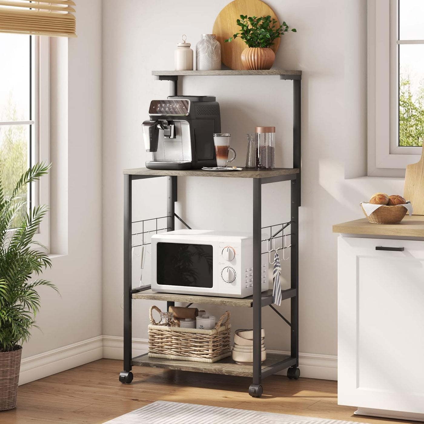 Versatile Kitchen Bakers Rack with Wheels - Microwave Stand & Utility Storage Shelf with 10 Hooks and Adjustable Feet