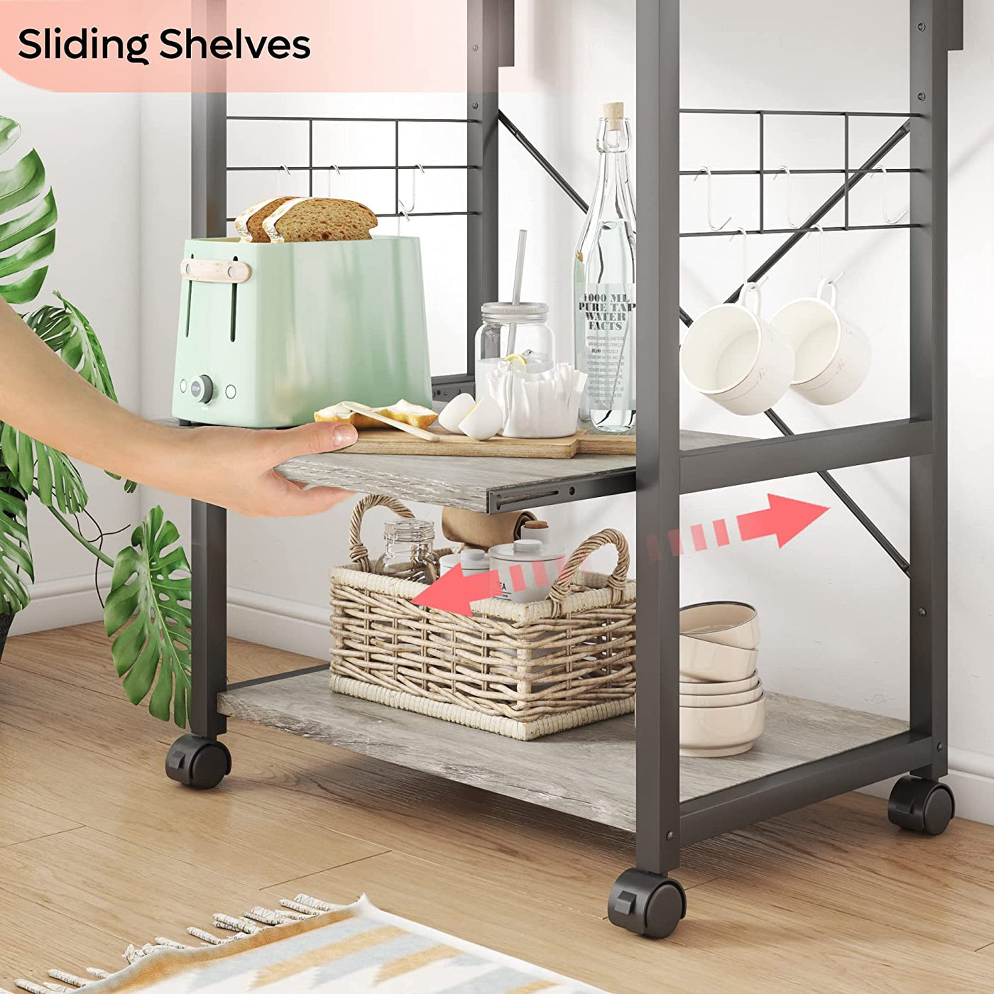Multifunctional Kitchen Bakers Rack with Rolling Wheels - Stylish Microwave Stand & Utility Storage Cart with 10 Hooks and Adjustable Feet