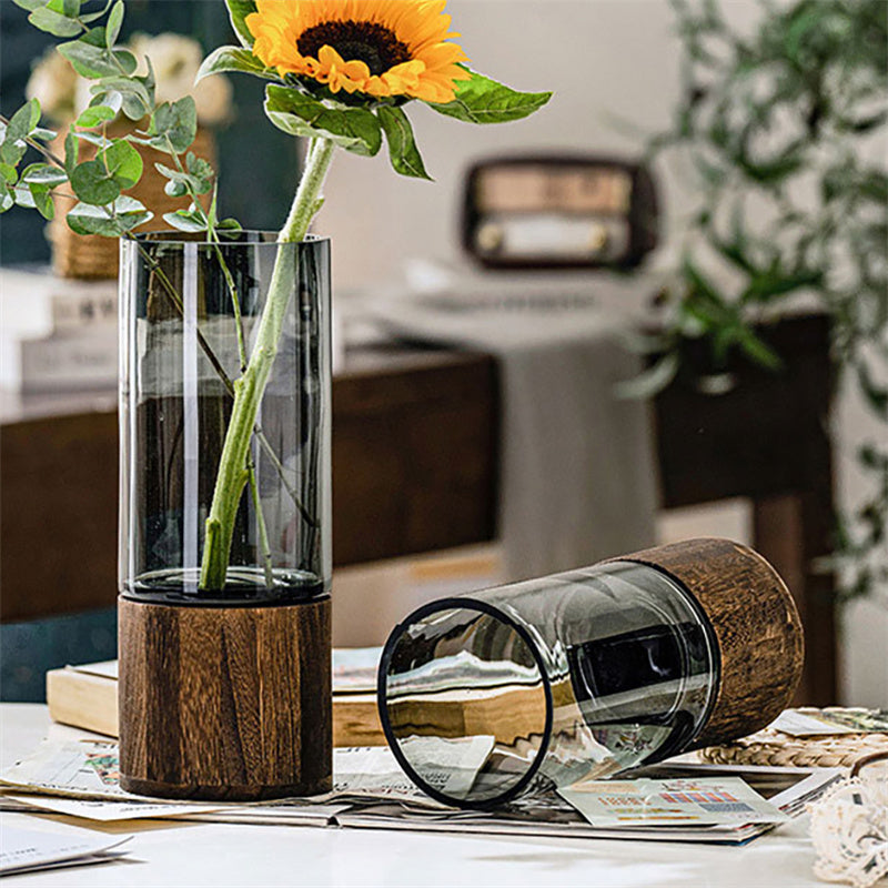 Wooden glass vase with smoke grey finish by Cavira, rustic Nordic decor flower vase for living room and dining table.