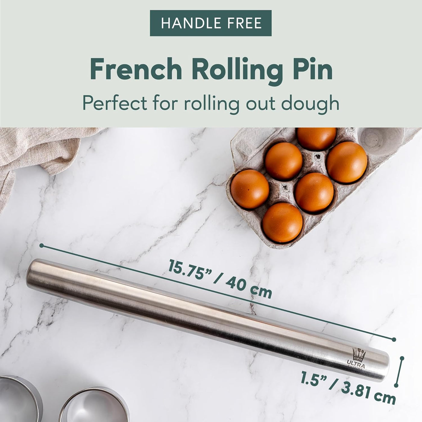 15.75-Inch Stainless Steel Tapered French Rolling Pin – Perfect for Cookies, Pizza, Pastries, and Pie Crusts