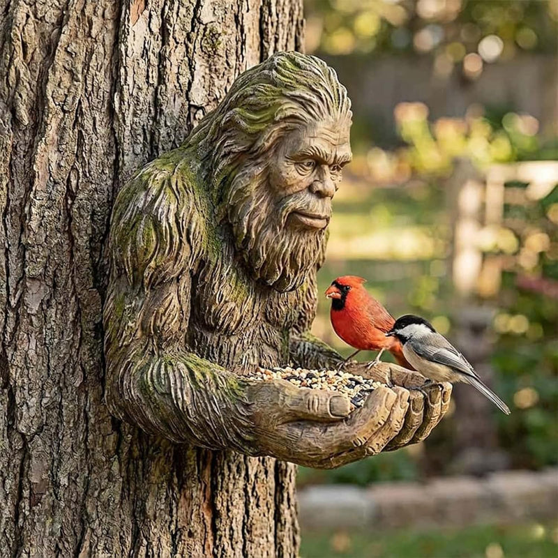 Resin Bigfoot Sasquatch bird feeder ornament in outdoor garden setting, weather-resistant wildlife décor for patio and yard.