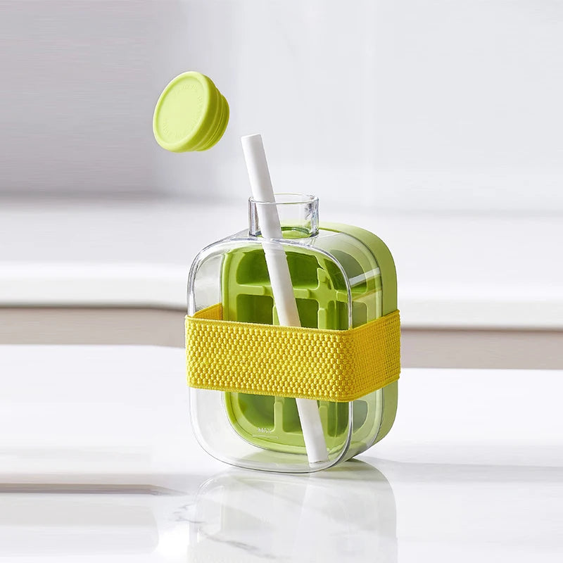 Cavira 2-in-1 ice cube maker bottle with lid and straw, portable press ice tray kettle for home, office, and travel use.