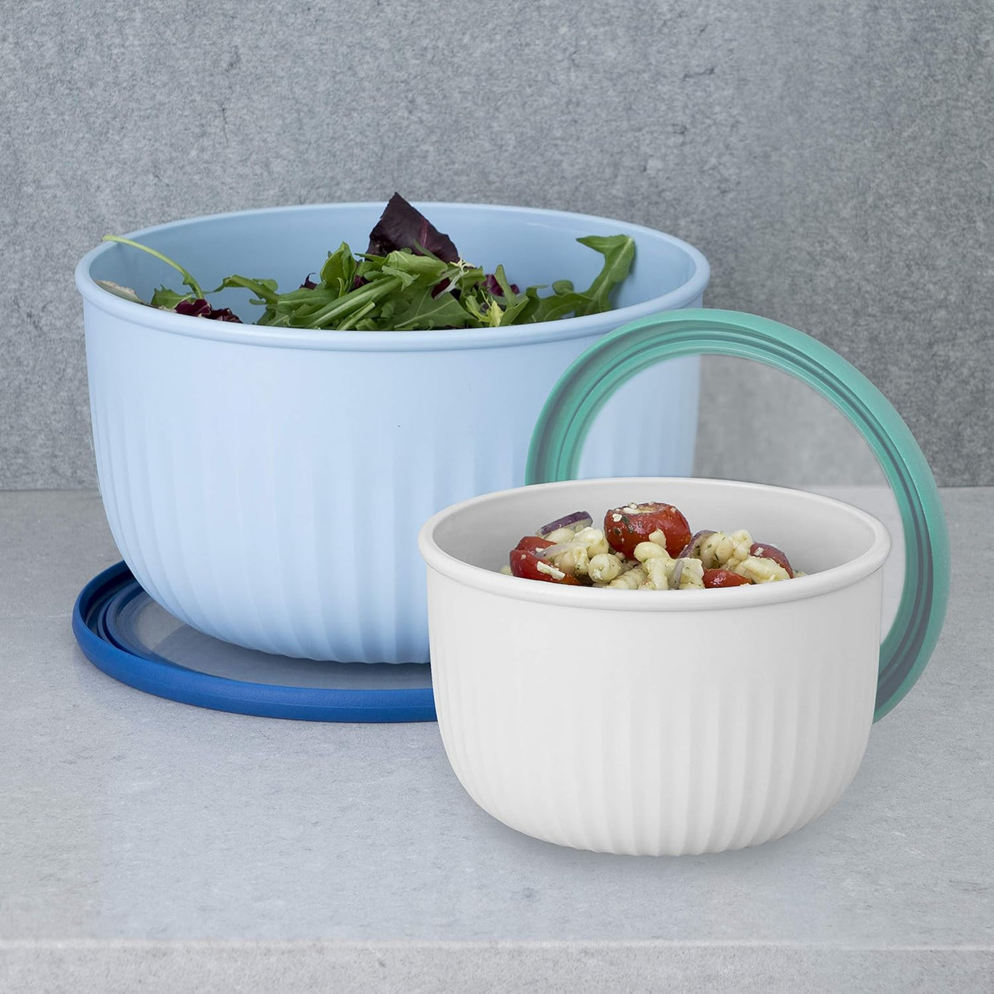 Versatile 4 Qt Plastic Bowl with See-Thru Lid - Dishwasher, Microwave & Freezer Safe - Light Gray with Dark Gray Lid