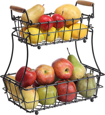 Stylish 2-Tier Black Metal Wire Basket for Fruits and Bread - Perfect Countertop Organizer!