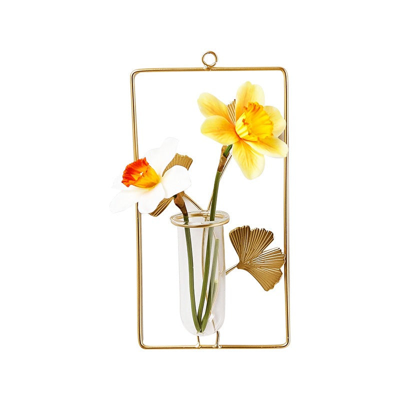 Golden iron wall-mounted hydroponic vase by Cavira, Scandinavian glass bud vase hanging decor for living room or bedroom.