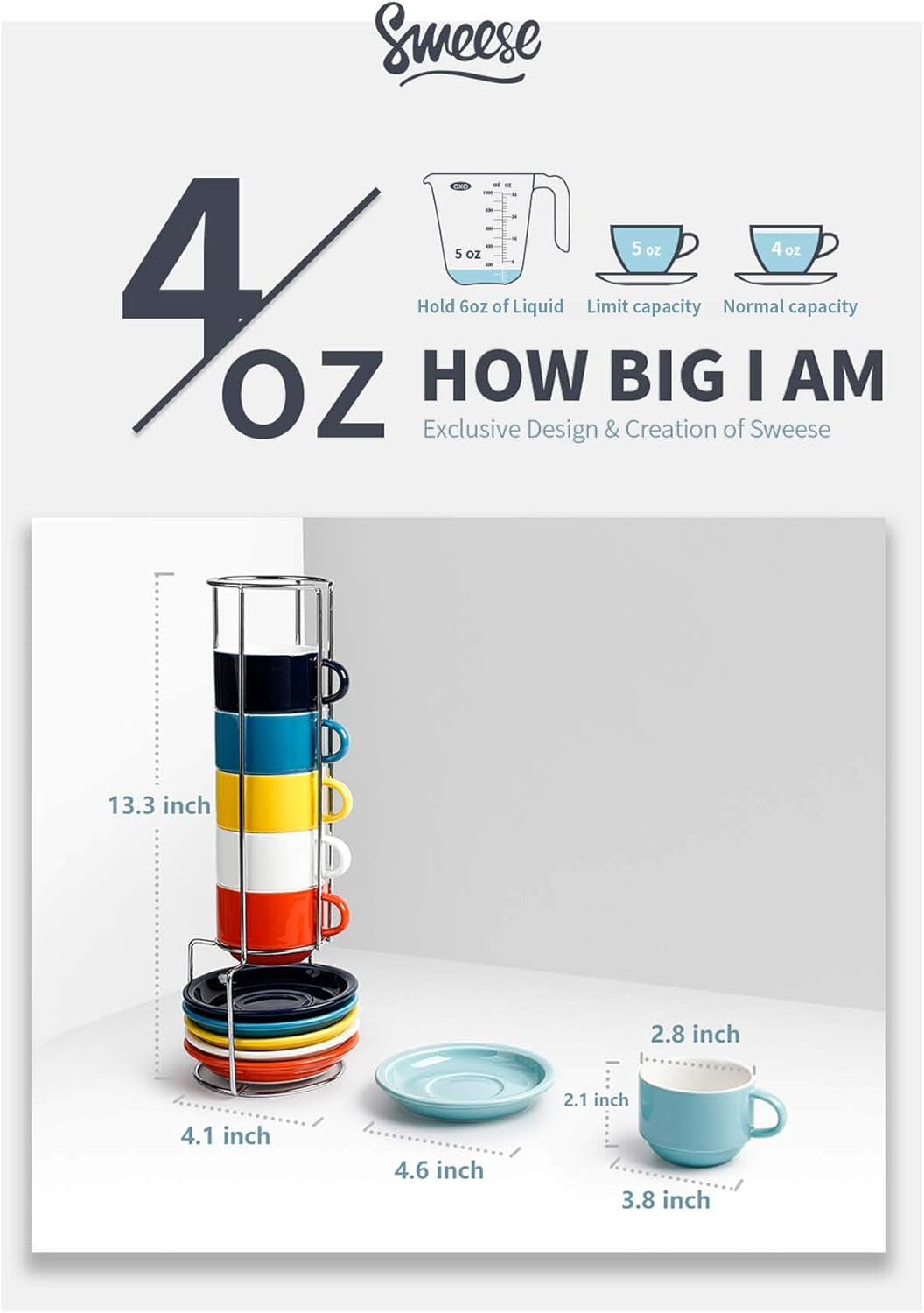 Colorful Stackable Espresso Cup Set with Saucers & Metal Stand - 6-Piece 4oz Specialty Coffee Collection